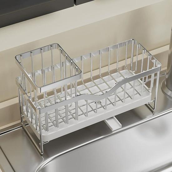 Стойка для хранения раковины с быстрым сливом и дренажным туннелем. Стойка для слива из нержавеющей углеродистой стали. Полка для организации кухонных принадлежностей. Губка для раковины. Тряпка для мытья посуды.