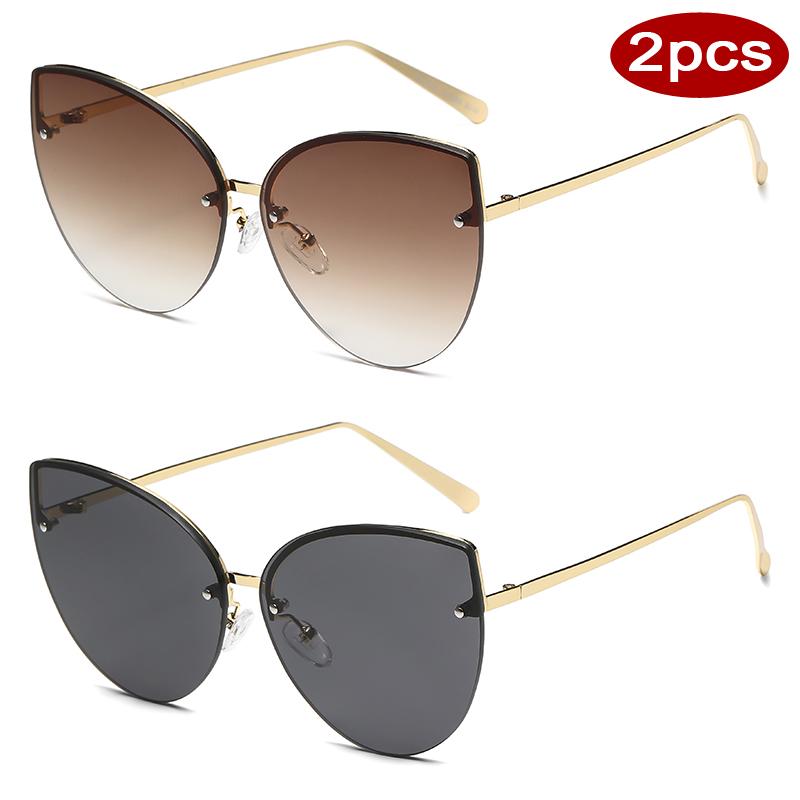 2pcs Frameless Large Cat Eye Sunglasses Gradient Lens Sun Glasses Trendy Metal Frame Eyeglasses Women Shades Men UV400