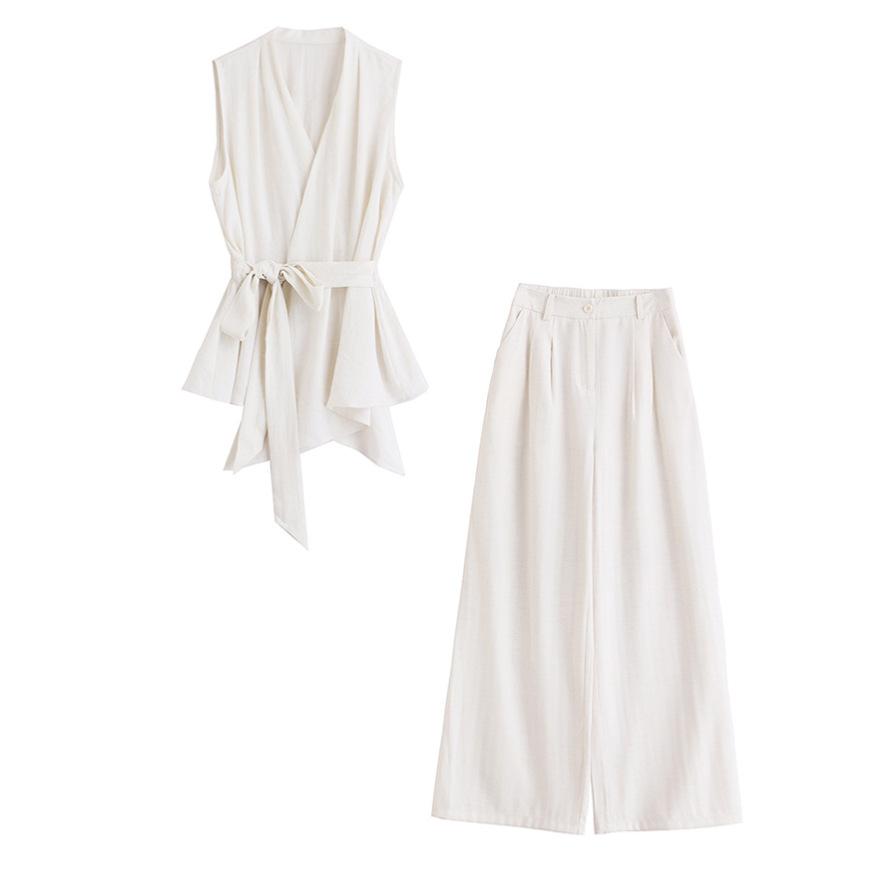 Королевский стиль Фан безрукавный жилет модный костюм женский летний новый уменьшающий возраст лен широкие брюки комплект из двух предметов