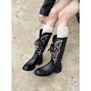 Vintage Embroidered Western Cowboy Boots New Medium Tube Thick Heel Knight Boots Versatile Strap Martin Boots