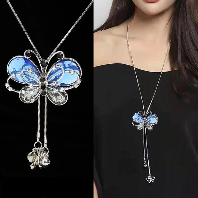 Модное длинное ожерелье с бабочкой-опалом, цепочка для свитера, металлический кулон с кристаллами, ожерелья, аксессуары на шею, модные ювелирные изделия для женщин