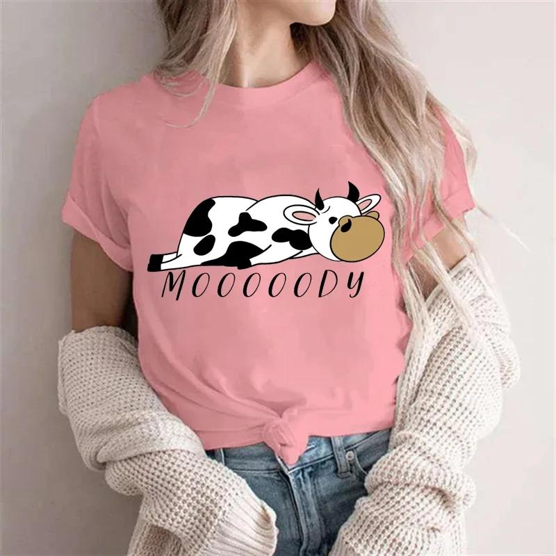 Moooody Женская одежда с принтом коровы, футболка с коротким рукавом, эстетичная одежда, уличная одежда, модные футболки Lazy Cow для женщин