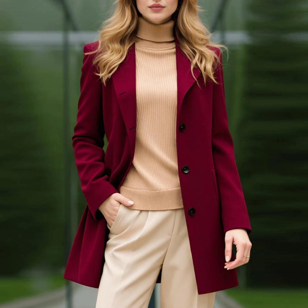 Coats For Women Elegant Single Breasted Mid Length Wool Coat Long Sleeve Outwear Overcoat