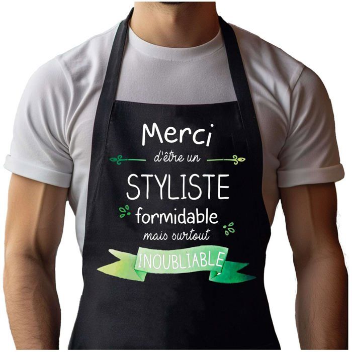 Tablier de cuisine - Merci Styliste Inoubliable Homme - Noir - Coton résistant - Impression France