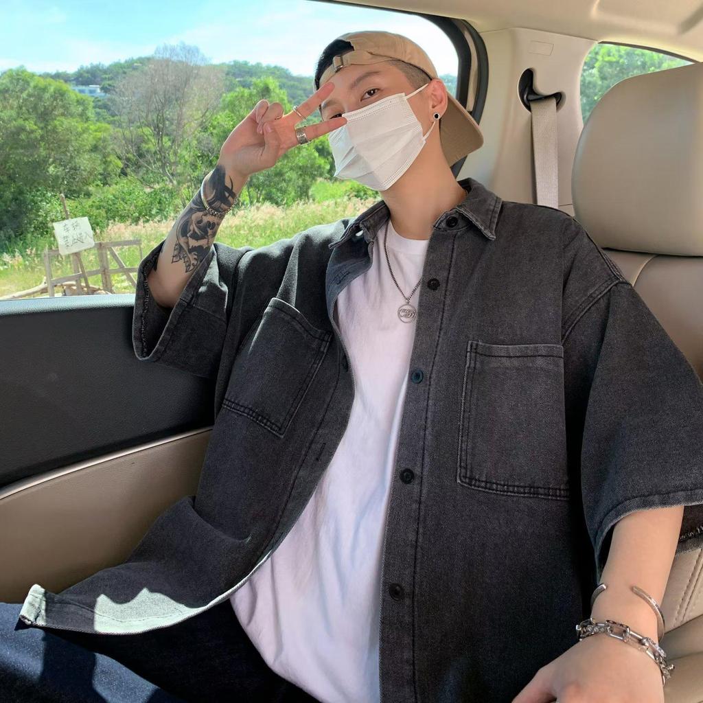 Men's Japanese-Style Distressed Denim Short-Sleeve Shirt with Double Pockets