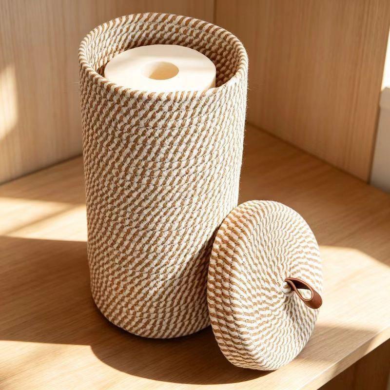 Boho Woven Toilet Paper Storage Basket with Lid Freestanding Bathroom Tissue Roll Holder
