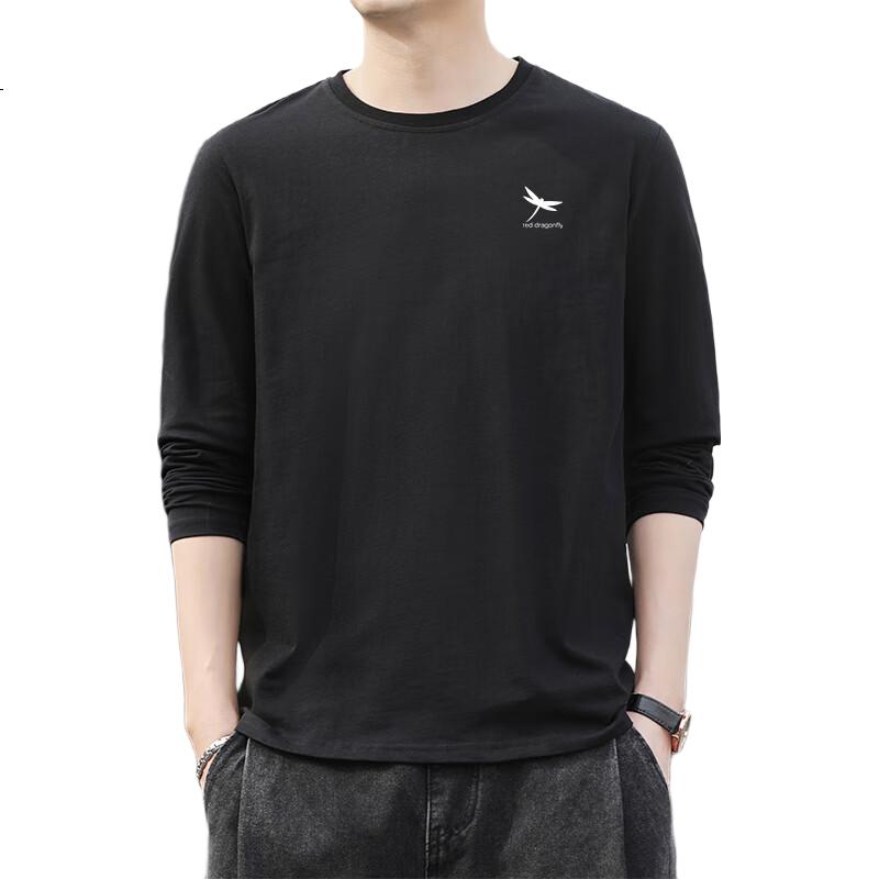 RED DRAGONFLY Long-Sleeve T-Shirt for Men, Round Neck, Pure Cotton, Printed, Versatile, Casual, Comfortable, Warm, Men's Top, Undershirt, Black, XL
