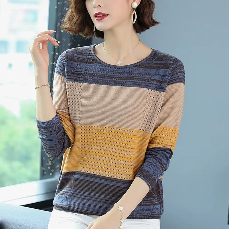 Striped Sweater Knitted Pullover Thin Round Neck Long Sleeves Women's Top Casual Undershirt Commute Spring Autumn