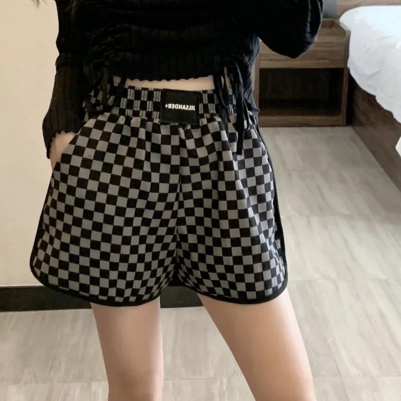 Клетчатые шорты с эластичной резинкой на талии, женские корейские модные широкие шорты, женские повседневные простые прямые короткие брюки, женские летние