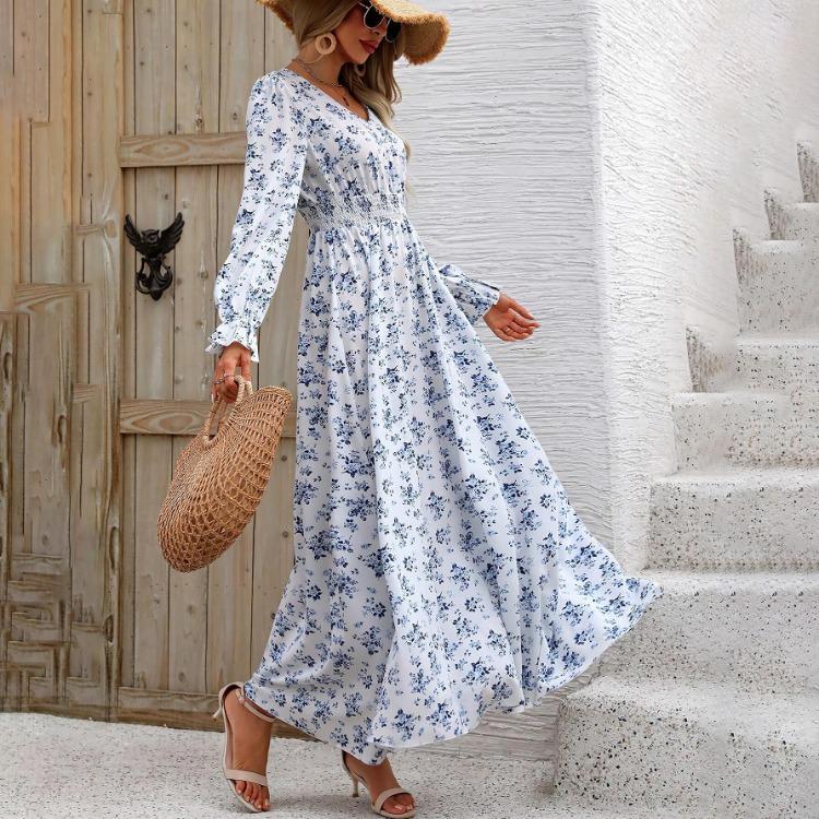 Women Floral Print V-neck Long Sleeve A-Line Dress Spring Summer Casual Elastic High Waist Ankle-Length Dresses