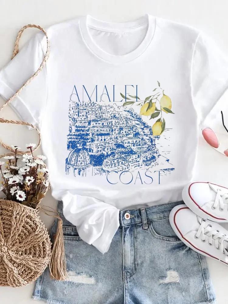 Женская модная повседневная футболка с принтом, женская летняя футболка с коротким рукавом с лимонным принтом, модная одежда из полиэстеровой ткани с круглым вырезом