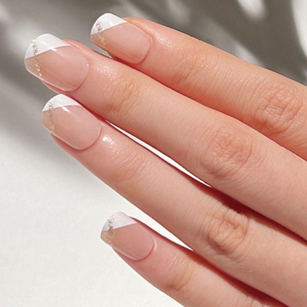 24pcs Press on Nails Full Cover Glitter Short Square Fake Nails French