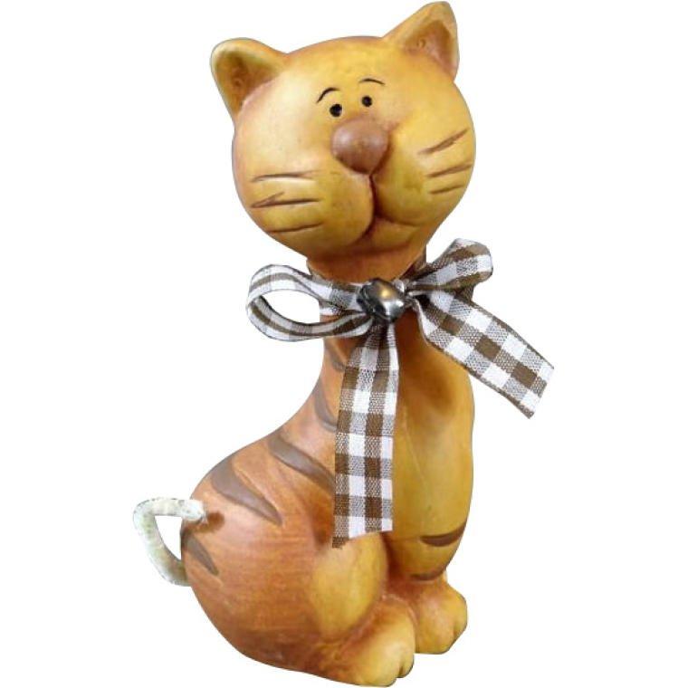 Ceramic figurine of a sitting brown cat with a ribbon 15.5x8 cm