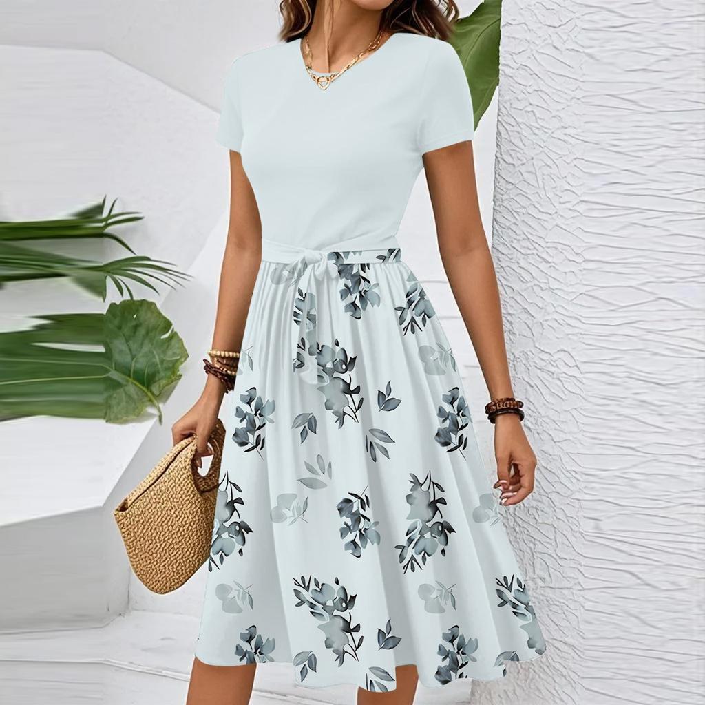 Women's Casual Fashion Belted Floral Print Short Sleeve Round Neck Elegant Dress