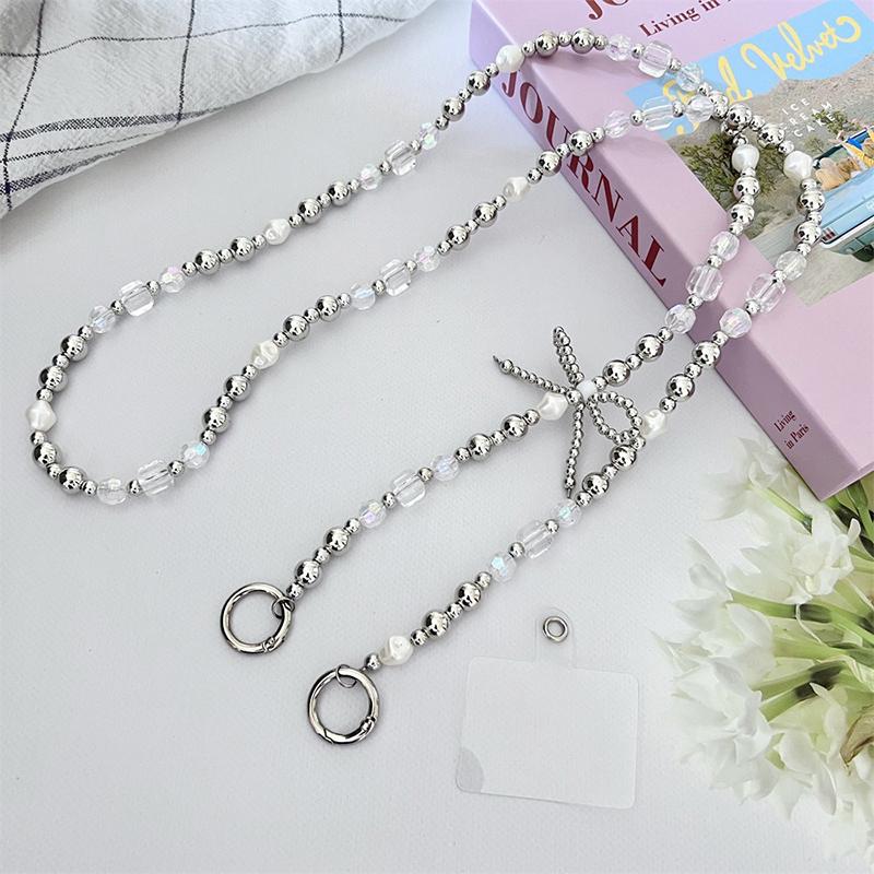 Ремешок для мобильного телефона, шнурок через плечо, бант, серебряные бусины, цепочка для телефона для iPhone, Samsung, Xiaomi, анти-потеря, шейный шнур, подвесной шнур