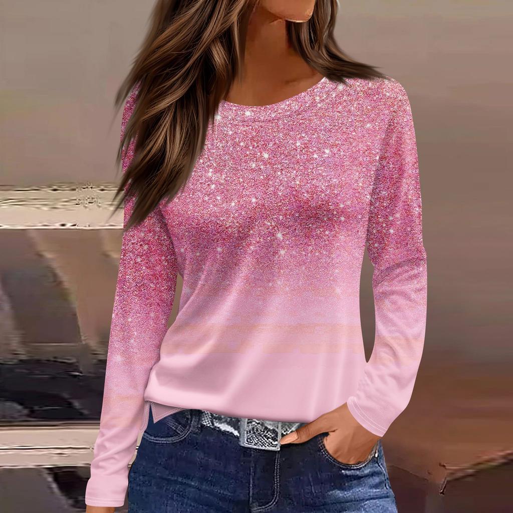 Women's Fashion Casual Slit Hem Round Neck Long Sleeve Loose Printed T-Shirt Ladies Top