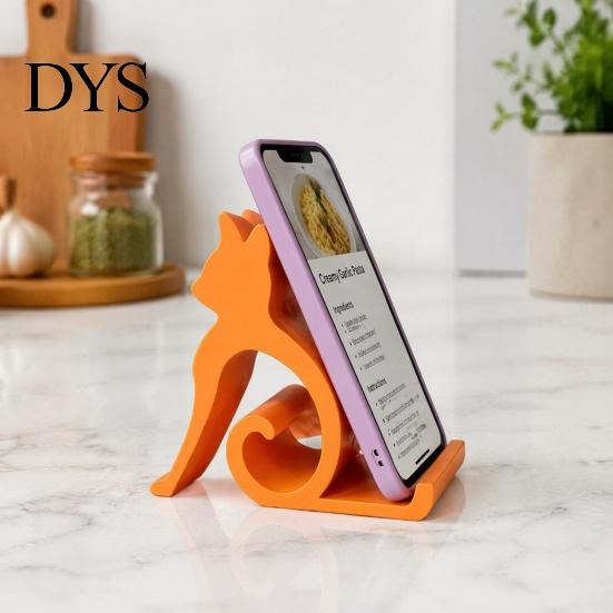 Mobile Phone Holder Cute Cat Stand, Curled Tail Kitty Desk for Cell Wood Style Stand Tablet, 3D Printed Universal Office Bedroom, Gift Lovers