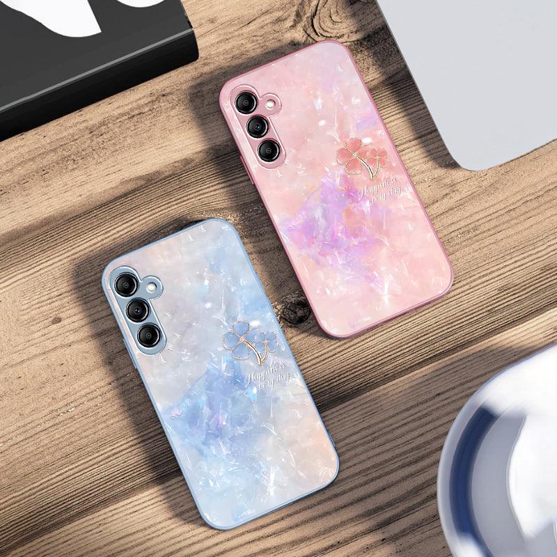 Чехол для телефона из стекла с двойным клевером для Samsung Galaxy A14 4G 20 30 52 20S 21S 22 A32 33 34 42 50 51 53 54 70 71 72 73 5G