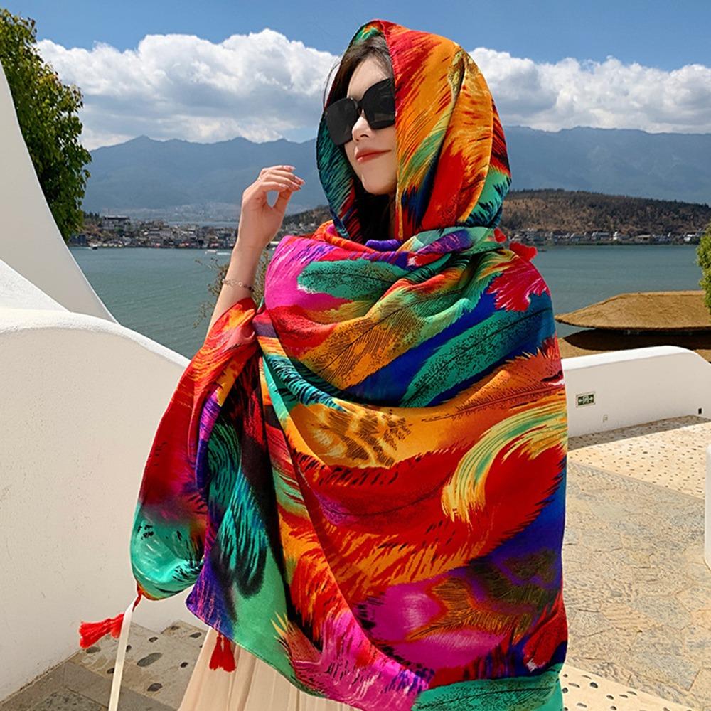 Пляжная шелковая шаль в стиле бохо, тонкая накидка на бикини, шикарный шарф, женская накидка