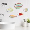 Wooden Fish Wall Art 5Pcs Decor, Rainbow Striped Tropical Ornaments with 3D Hanging Embossed Texture, Lightweight Coastal Hangings for Kids'