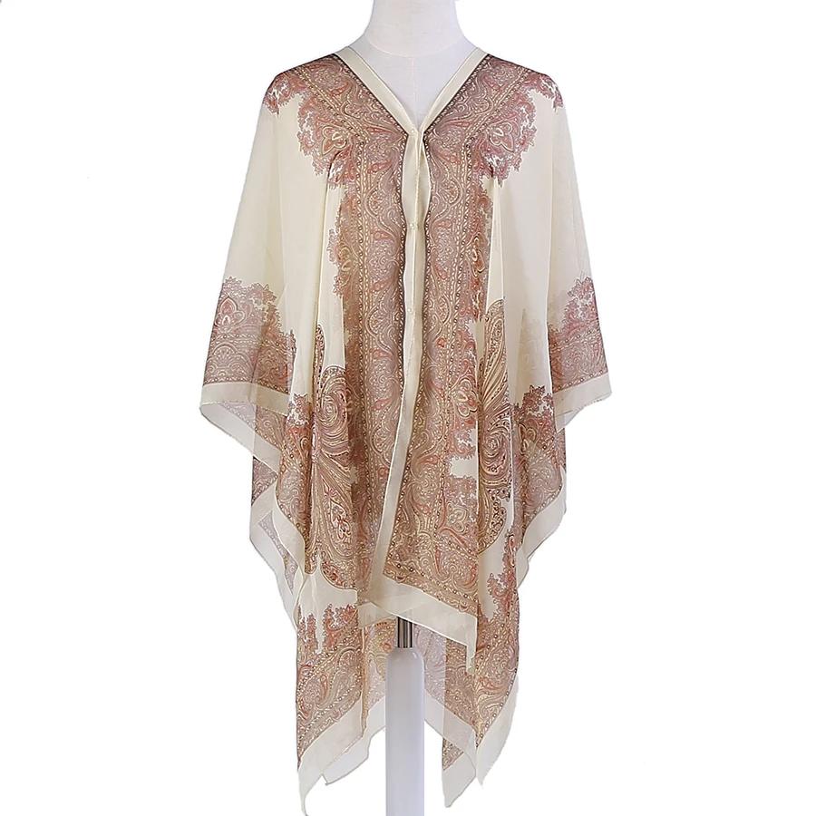 Sun Protection Shawl for Women, Cashew Flower Chiffon Silk Scarf, Versatile Slit Beach Towel, Pearl Scarf