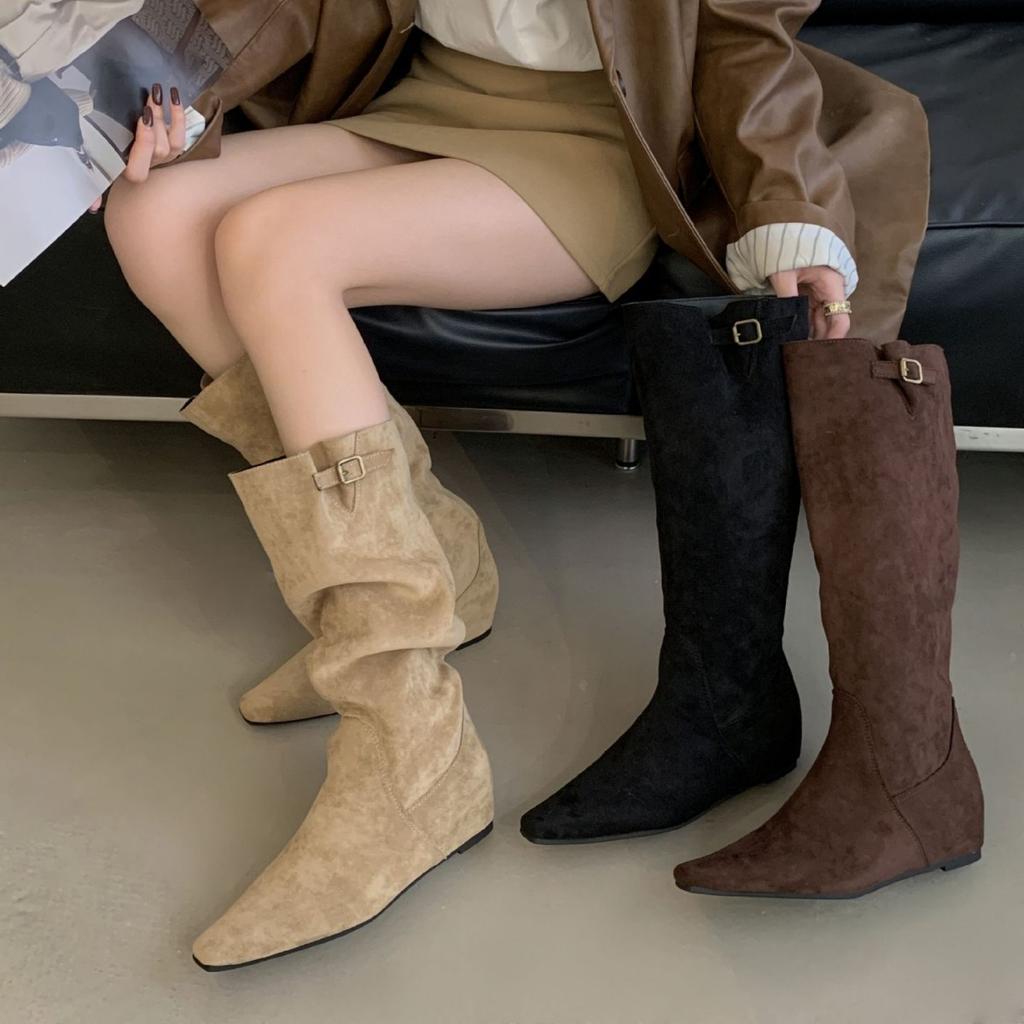 2025 Autumn Suede Inner Height Increase Slope Heel Thin Trouser Boots Tall Knight Over the Knee Warm Women's Boots