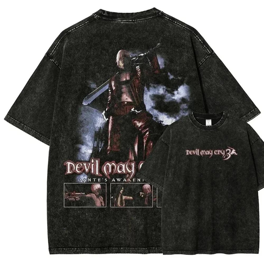 Devil May Cry 3 Пробуждение Данте Двусторонняя графическая футболка, Винтажная стираная оверсайз футболка, Унисекс игровая уличная одежда