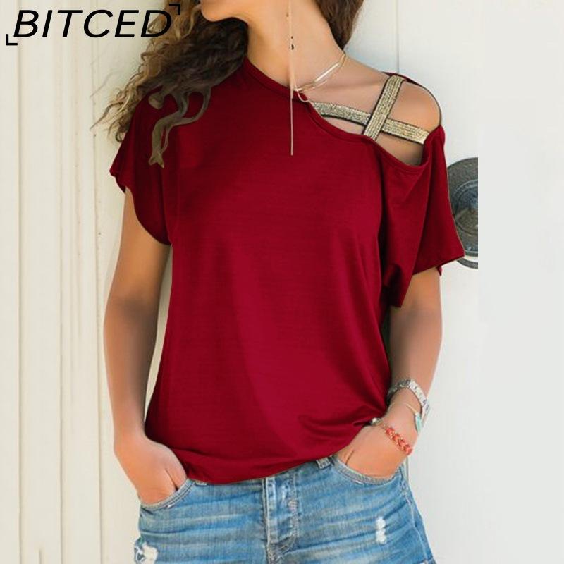 BITCED Весна/Лето Женская повседневная футболка с диагональными перекрещивающимися плечами и асимметричным коротким рукавом