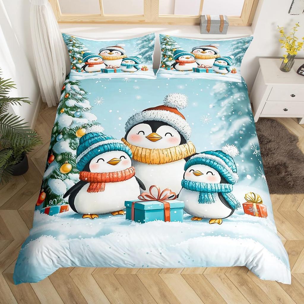 Cartoon Penguin Duvet Cover Polar Animal Watermelon Bedding Set for Boys Girls Room DecorArctic Wildlife Fruit Comforter Cover