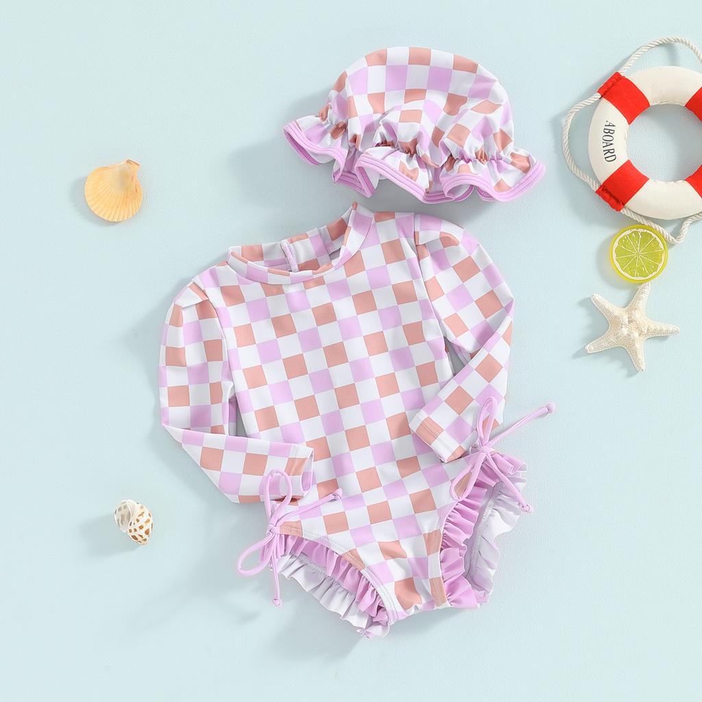 Купальник с длинным рукавом и принтом «Цветы/Мороженое» для девочки, детский купальный костюм, детская купальная одежда с солнцезащитной шляпой