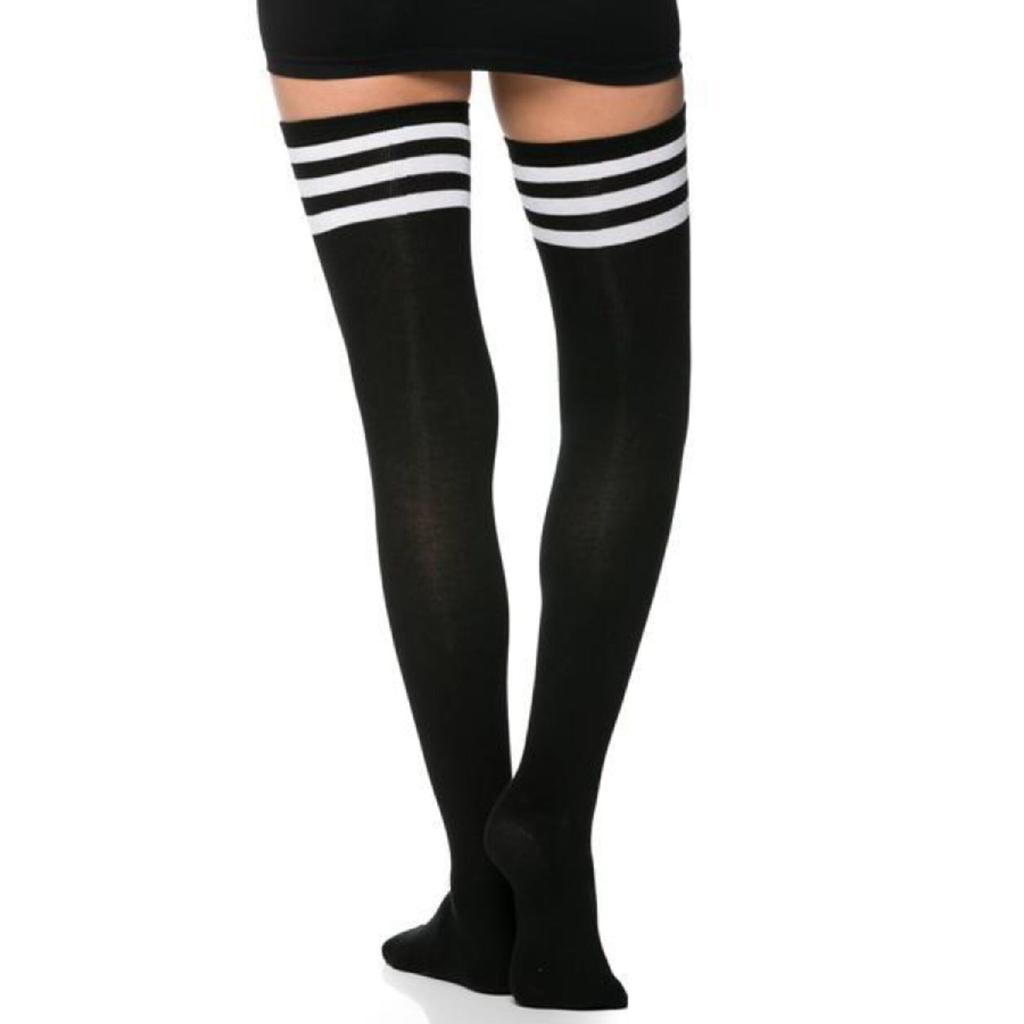 Women's 3 Ribbon Detail Cotton Black Laptop Socks Garter Height Black Tall Socks