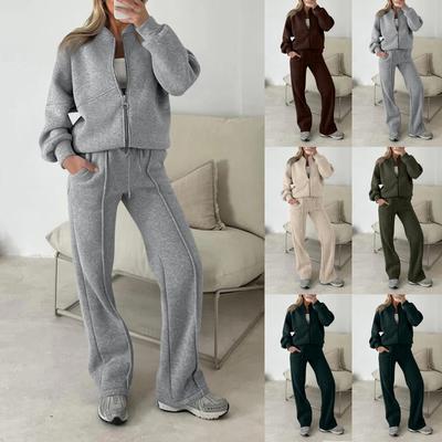 Женский модный комплект из двух предметов: однотонный свитшот с длинными рукавами и на молнии и брюки, повседневный набор