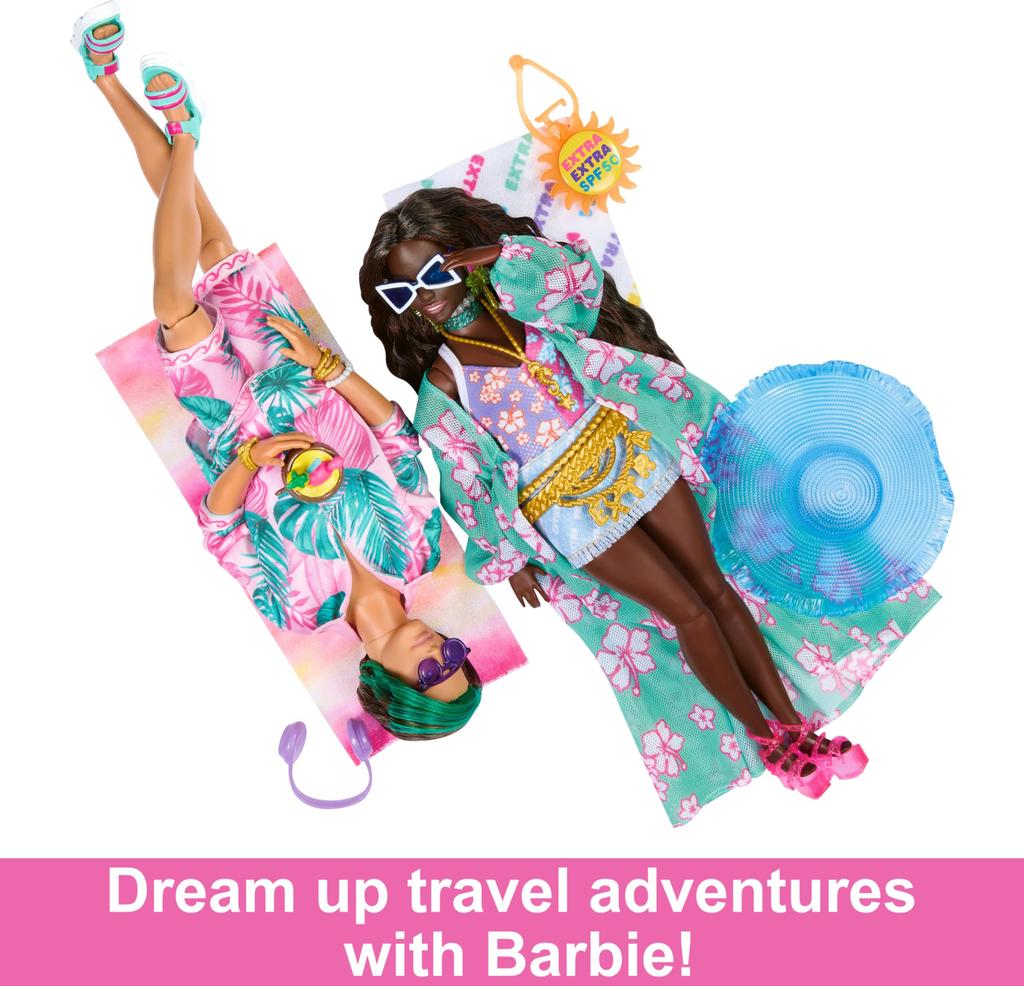 Barbie Extra Fly Ken Doll with Travel Clothes Tropical Outfit with Boogie Board Duffel Bag Beach-Themed & Accessories, &