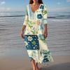 Women's Vintage Print Tunic Waisted Midi Dress Summer Casual 3/4 Sleeve Dress Dress