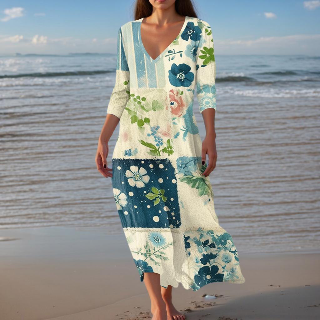 Women's Vintage Print Tunic Waisted Midi Dress Summer Casual 3/4 Sleeve Dress Dress