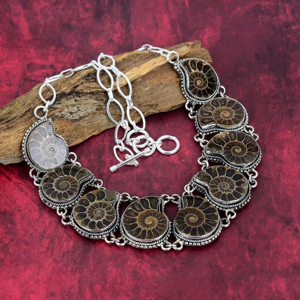 Ammonite Fossil 925 Solid Sterling Silver Necklace with Adjustable Chain, Handmade Gemstone Jewelry Necklace For Memorial Day