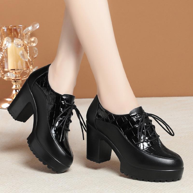Fashion Deep Mouth Soft Leather Shoes Women Oxfords Platform Pumps High Heels Shoes Black Lace Up Office Work Pumps Shoes Comfortable