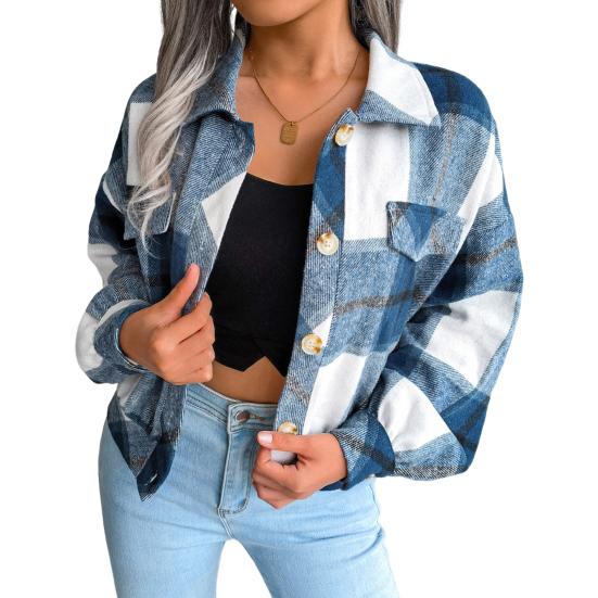 Осенне-весенняя женская куртка с контрастным клетчатым принтом, отложным воротником, однобортная модель с ложными карманами, длинными рукавами, свободное пальто для поездок на работу и свиданий