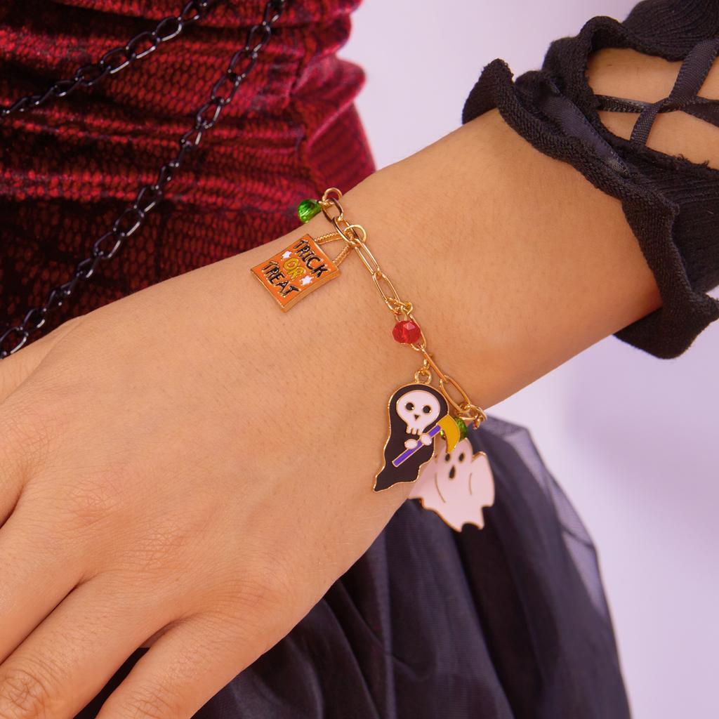 Halloween Ghost Pumpkin Black Cat Metal Chain Bracelet For Women Gold Plated Skeleton Spider Bat Bangles Festival Charm Jewelry