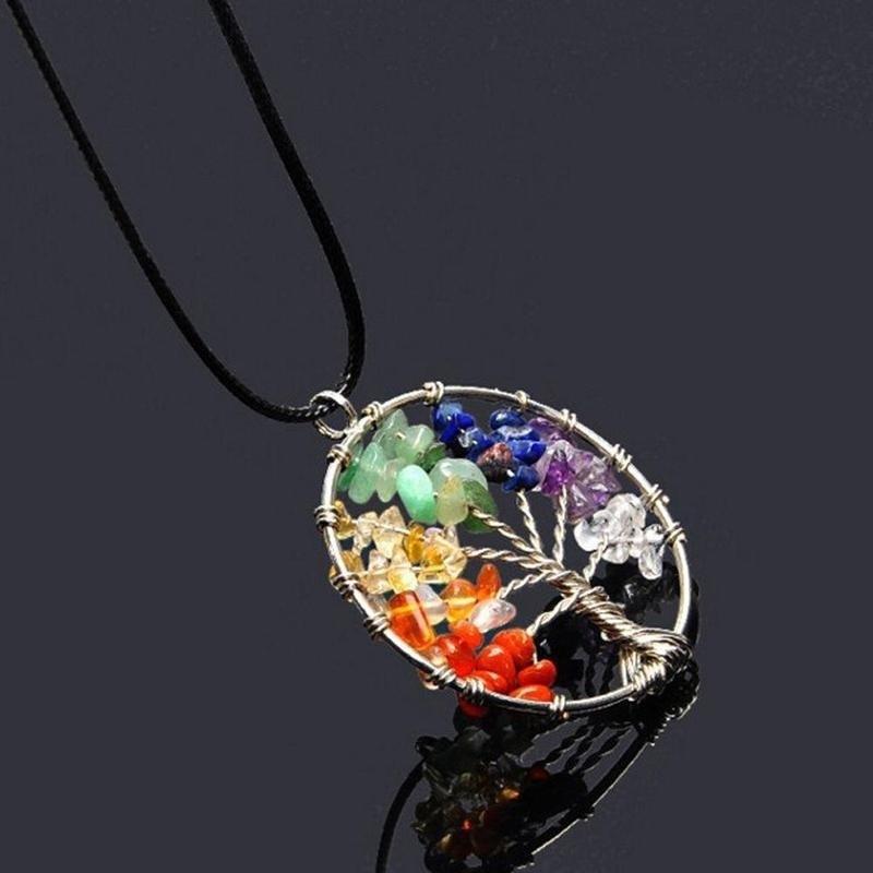 Natural Gemstone 7 Chakra Healing Tree of Life Pendant Necklace Charming