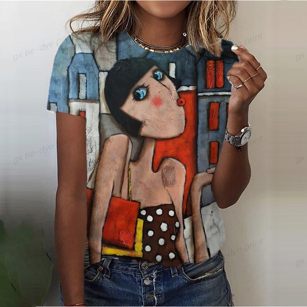 Летний топ с круглым вырезом и 3D-принтом с изображением девушки, модная повседневная женская футболка с коротким рукавом
