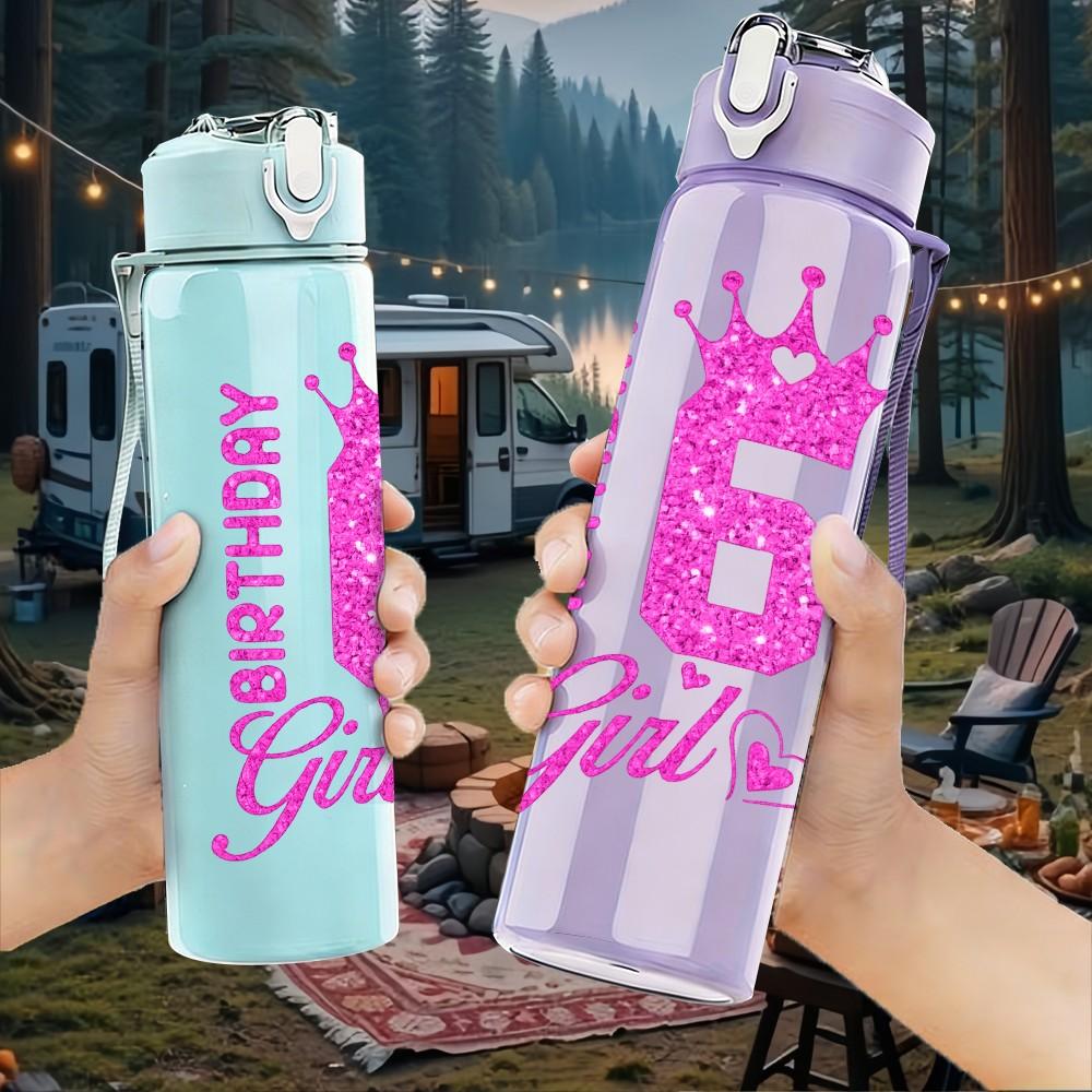 1PC 6 Birthday Girl Party Text Print 750ml Color Plastic Sports Water Bottle Leakproof Flip Straw Lid Suitable for Sports Office Home Use