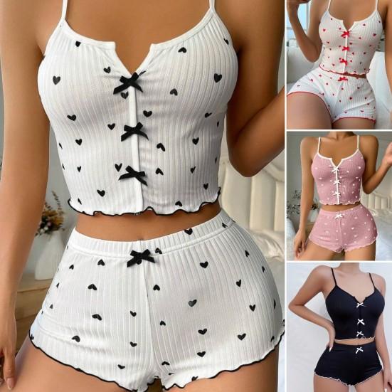 2Pcs/Set Lady Homewear Top Shorts Suit Heart Print Bow Decor Sleeveless Backless Vest Elastic High Waist Short Pants Camis