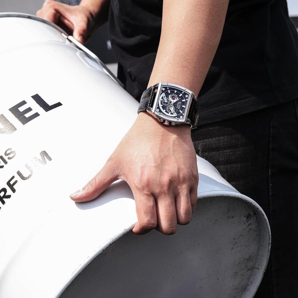 BUREI Men's Chronograph Analog Quartz Watch with Square Design, Waterproof, Black Leather Strap, Date Display, Selection