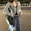 2KWEIRD Korean Two Piece Suit Suspender Cardigan Women's Sexy V-neck Slim Y2K Crop Long Sleeve Cross Bandage Knit Tops