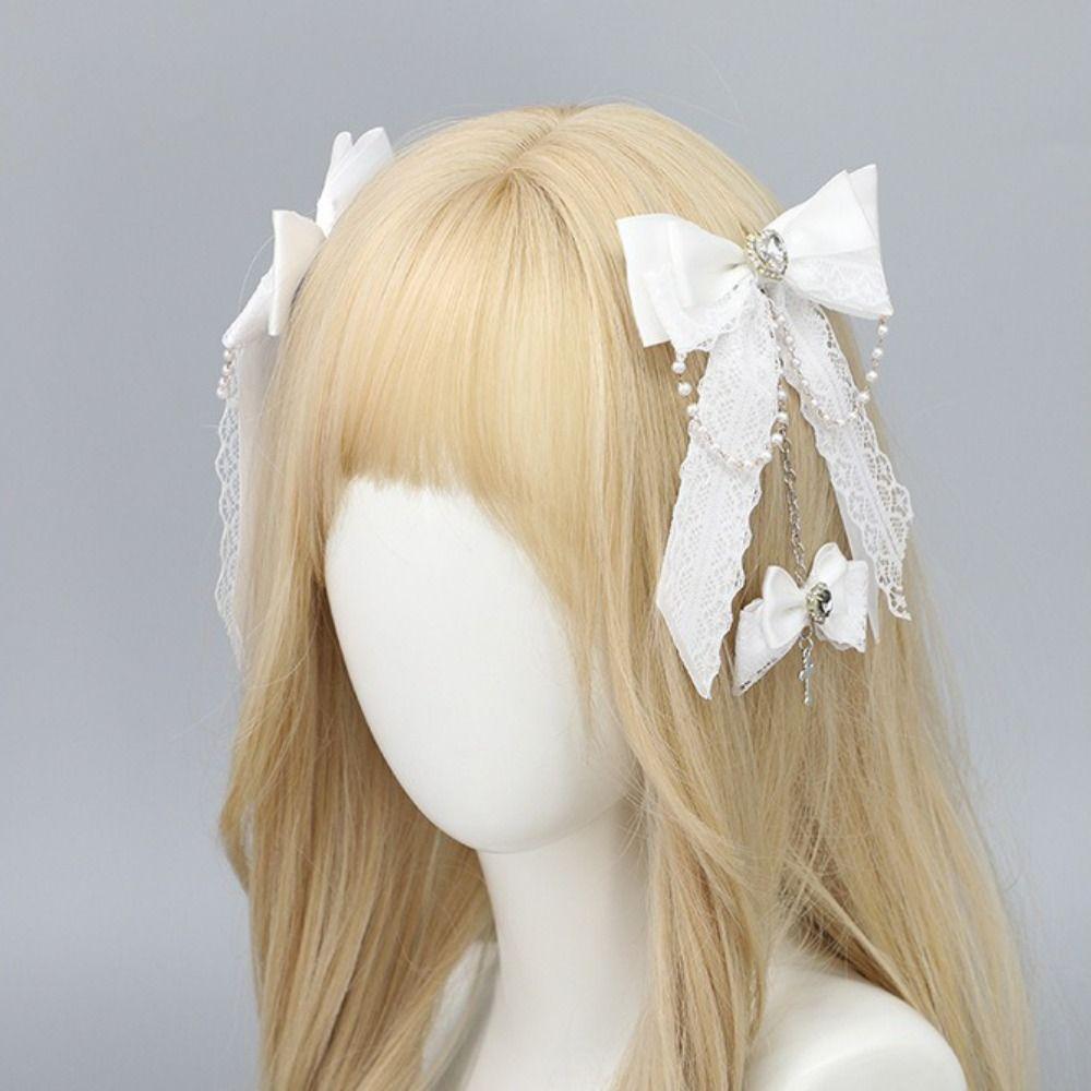Chain Detail Lace Bow Hair Clips Rhinestone Decoration Side Barrettes Hair Clip Punk Style