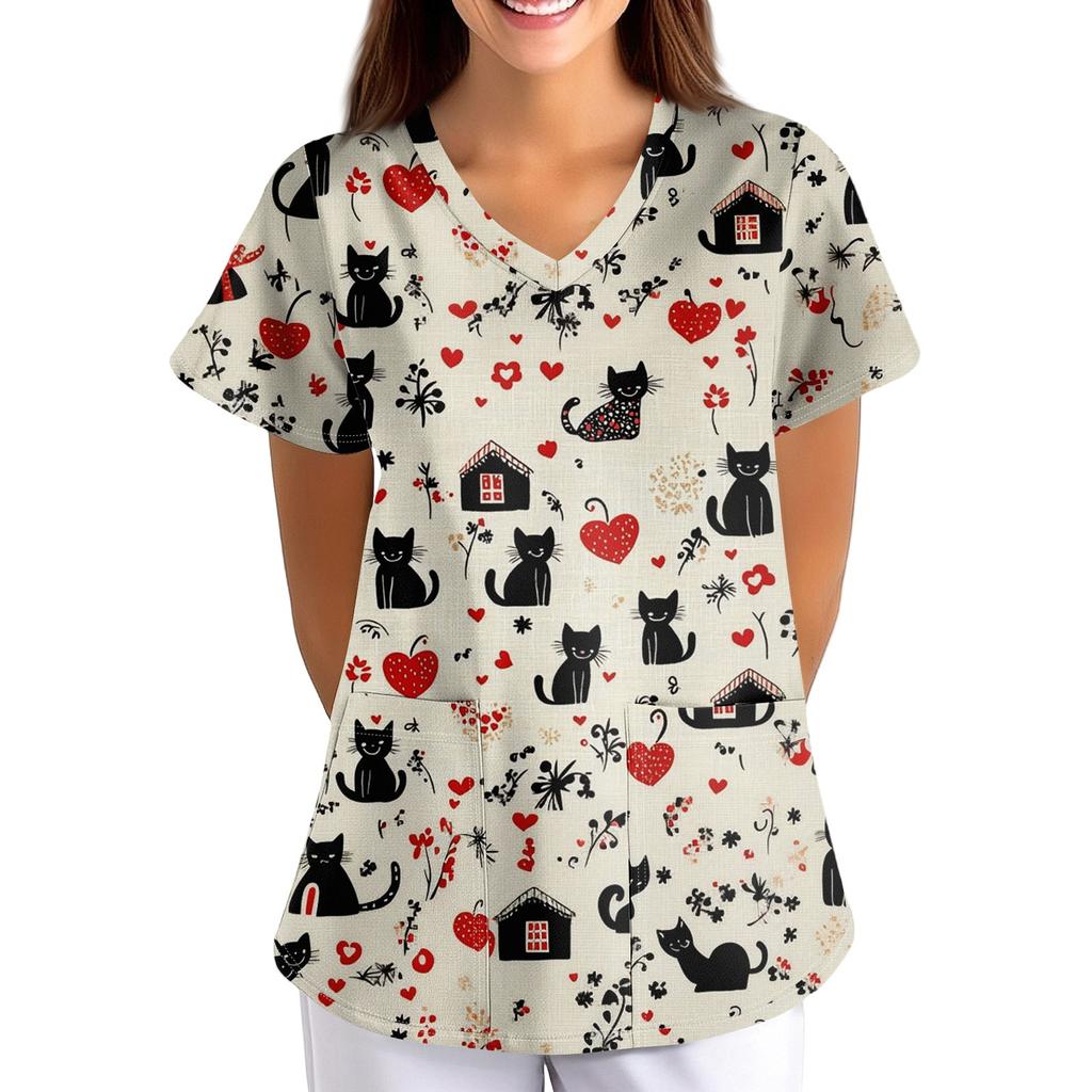 Women's Animal Print Loose V-Neck Pocket Short Sleeve  Uniform  Uniform