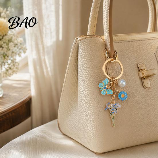 Keychain Pendant with Round Imitation Pearls, Flower Butterfly Enamel Charm Multi-color Key Ring, Pastoral Style Layered Holder Strong Chain Keyring
