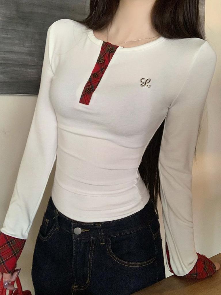 Корейские дизайнерские клетчатые футболки женские осенне-зимние лоскутные футболки с длинным рукавом винтажные топы с круглым вырезом в стиле 2000-х годов