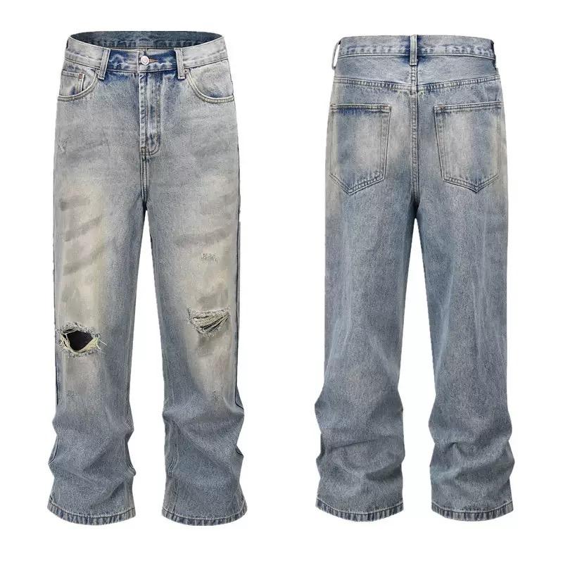 Мужская мода повседневные прямые длинные брюки на молнии из денима, модные уличные рваные узкие джинсы